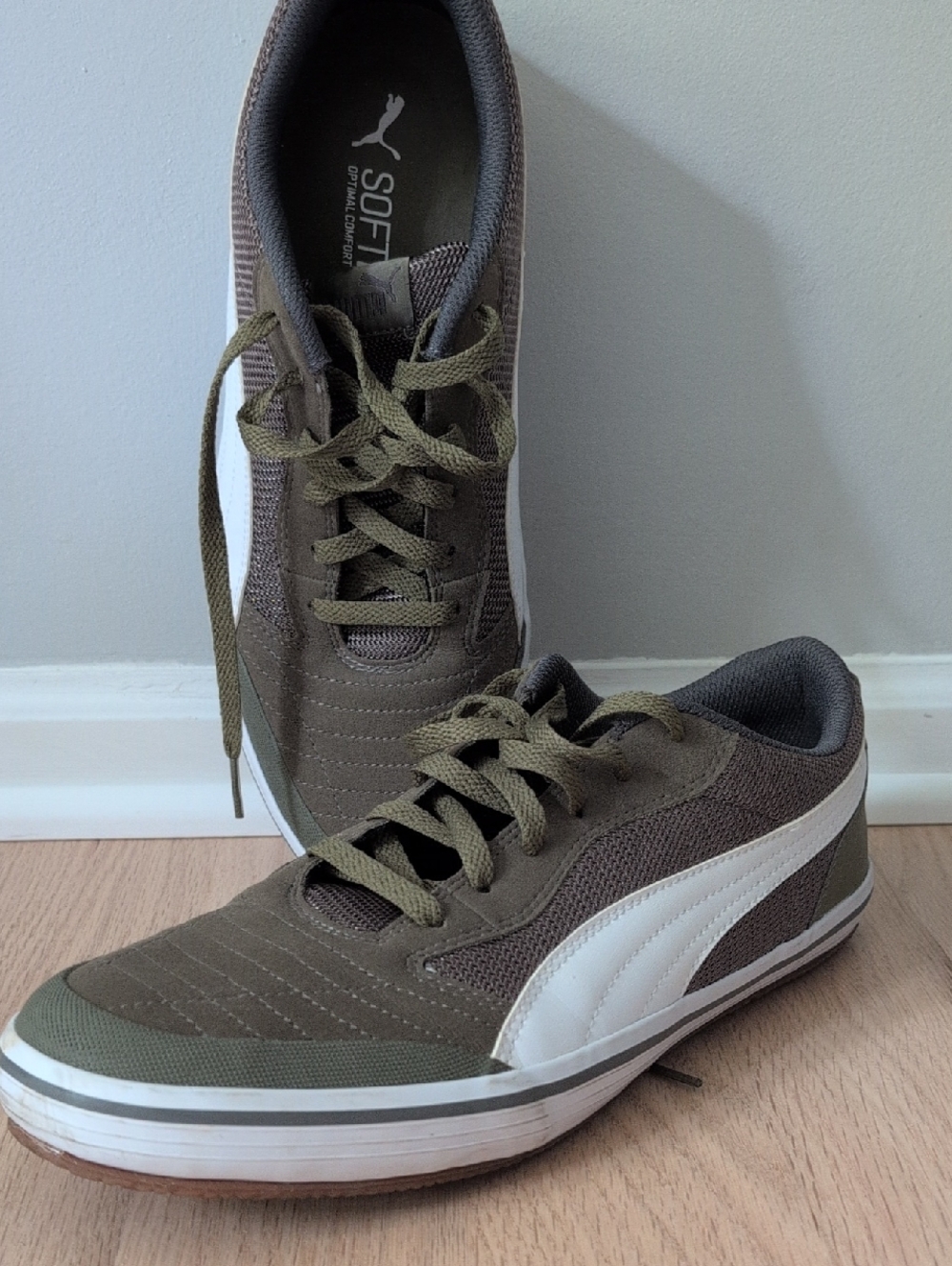 NWOB, Puma Burnt Olive Green and White Men’s Low-Top Sneakers, Sz. 12